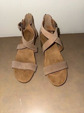 Lucky Brand Taupe Suede Crisscross Wedge Sandals